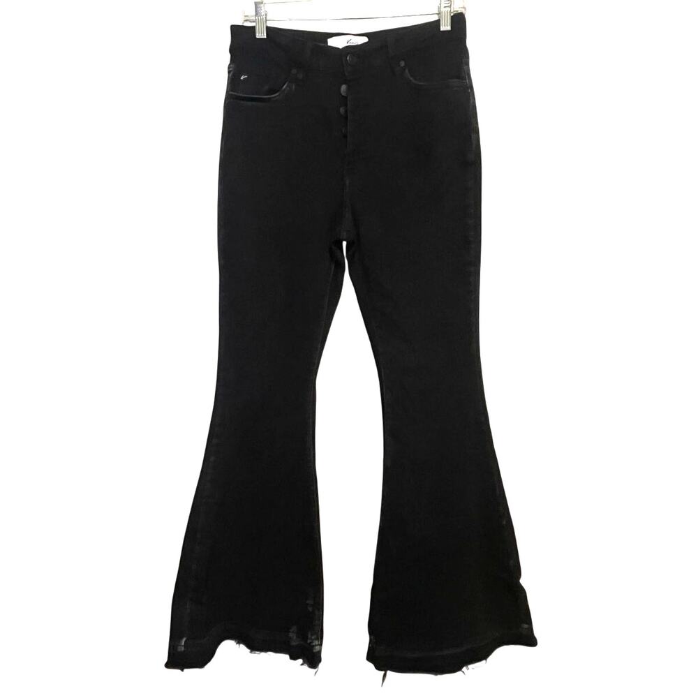KanCan Zoey High Rise Super Flare Black Jeans Sz 9/28 Faded Distress Frayed Hem